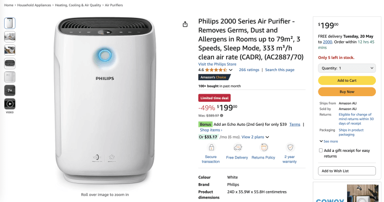 Amazon: Philips 2000 Series Air Purifier – Was: $389.97, now $199.00